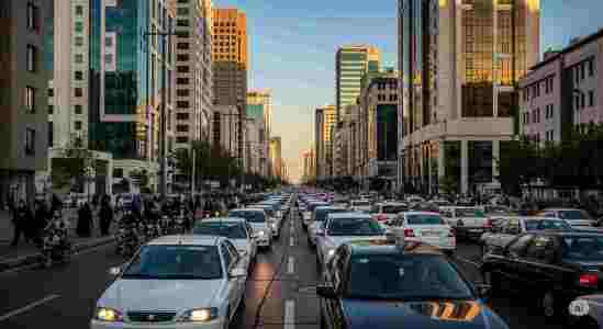 A busy street in Tehran with a lot of traffic, showing the city's modern office buildings.